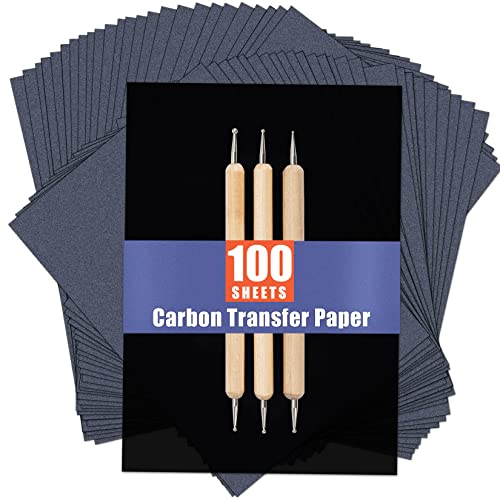 PSLER 100 Sheets Carbon Paper Sheets, Carbon Transfer Paper with 3PCS Embossing Stylus for DIY Woodworking, Paper, Canvas and Other Art Craft Surfaces(7.3 by 10 Inch)