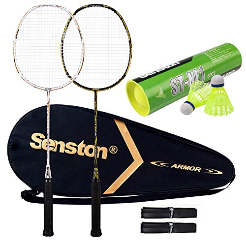Senston 100% Full Carbon Fiber Badminton Racket Set 2 Graphite Badminton Racquet with Racket Cover and overgrips