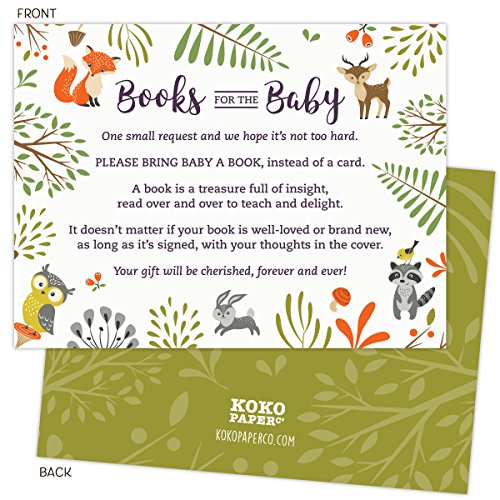 Woodland Baby Shower Book Request Cards with Owl and Forest Animals. Pack of 50. Gender-Neutral, Unisex Design Suitable for Boy or Girl.
