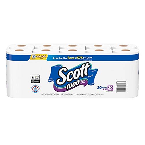Scott 20032 1000 Bathroom Tissue, 1-Ply, White, 1000 Sheet/Roll, 20/Pack