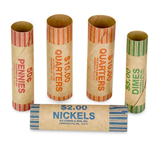 250 Coin Wrappers – Assorted Sizes – 100 Quarters, 50 Pennies, 50 Nickels and 50 Dimes – Made in USA – Durable Preformed Paper Tubes