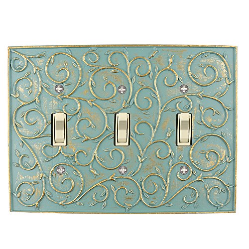 Meriville French Scroll 3 Toggle Wallplate, Triple Switch Electrical Cover Plate, Buckingham Green with Gold