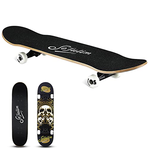 Sefulim 31 x 8 Inch Complete Skateboard 7 Layer Canadian Maple Double Kick Deck Concave Cruiser Trick Skateboard for Boys Girls Teens Adults Beginner