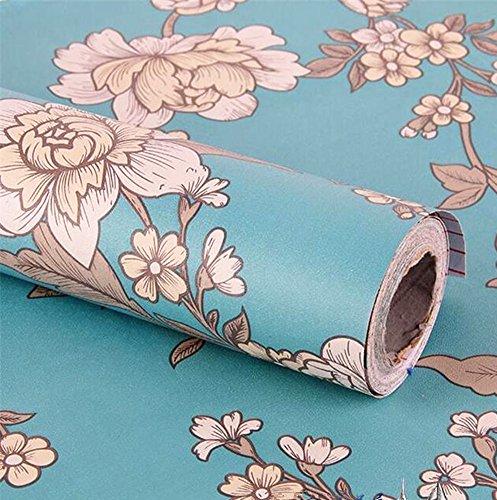 Moyishi Vintage Floral Flower Paper Peel & Stick Shelf Liner Dresser Drawer Sticker 17.7”x78.7” (Blue)