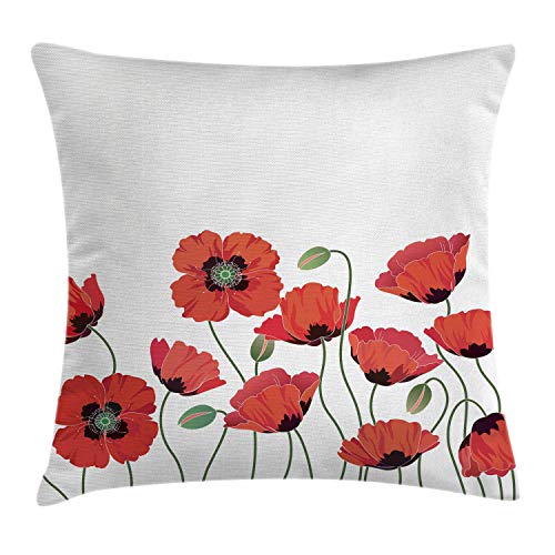 Ambesonne Floral Throw Pillow Cushion Cover, Poppy Flowers in Garden Fresh Plant Idyllic Nature Fragrance Theme Print, Decorative Square Accent Pillow Case, 20″ X 20″, Orange and Green