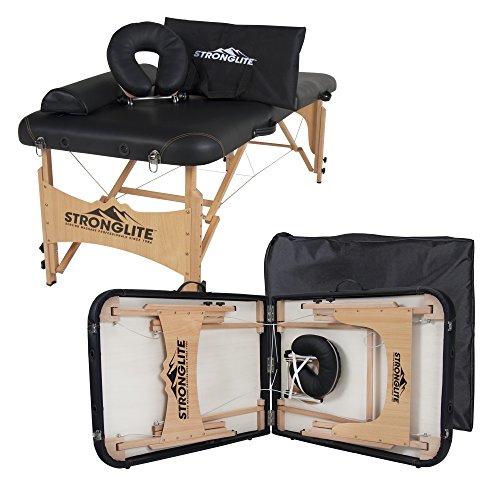 STRONGLITE Portable Massage Table Olympia – Double Knobs, Package w/ Adjustable Face Cradle, Face Pillow, Half Round Bolster, Microfiber Sheet Set & Carry Case (28×73″)