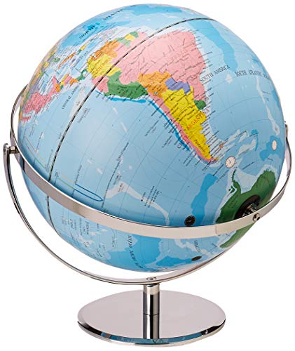 12″ World Globe with Blue Oceans, Raised Relief, Silver, Semi-Meridian