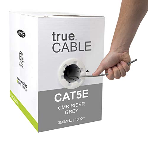 trueCABLE Cat5e Riser (CMR), 1000ft, Gray, 24AWG 4 Pair Solid Bare Copper, 350MHz, PoE++ (4PPoE), ETL Listed, Unshielded Twisted Pair (UTP), Bulk Ethernet Cable