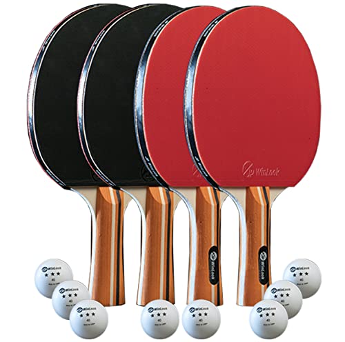 JP WinLook Ping Pong Paddles Set of 4 – Portable Table Tennis Paddle Set with Ping Pong Paddle Case & 8 Ping Pong Balls. Premium Table Tennis Racket 4 Player Set for Indoor & Outdoor Games (Red/Blk)