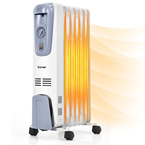COSTWAY Oil Filled Radiator Heater, 1500W Portable Space Heater with Adjustable Thermostat, 3 Heat Settings, Overheat and Tip-Over Protection, Electric Oil Heater for Living Room Bedroom, Indoor Use