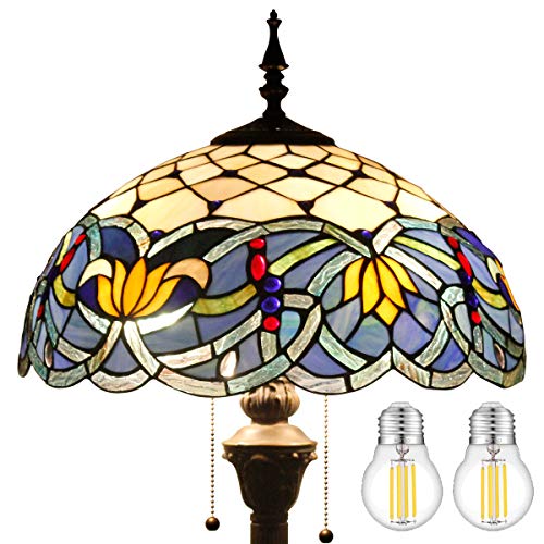 WERFACTORY Tiffany Floor Lamp Blue Lotus Stained Glass Flower Standing Reading Light 16X16X64 Inches Antique Pole Corner Lamp Decor Bedroom Living Room Home Office S220 Series
