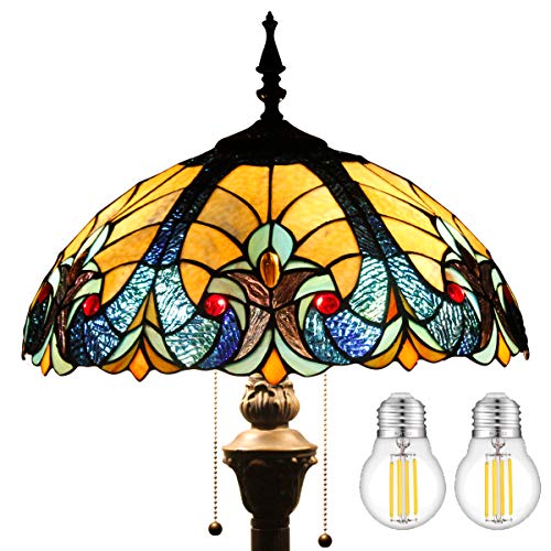 WERFACTORY Tiffany Floor Lamp Blue Yellow Liaison Stained Glass Standing Reading Light 16X16X64 Inches Antique Pole Corner Lamp Decor Bedroom Living Room Home Office S160E Series