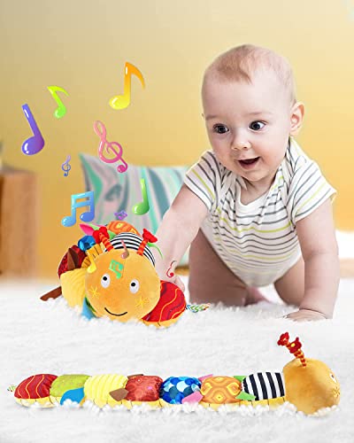 Jcobay Baby Toys Musical Caterpillar Stuffed Crawler Toy Soft Tummy Time Toy with Ruler Bells Rattle Crinkle Educational Interactive Plush Toy for Infant Newborn Boys Girls Toddler 3-12 6 Months Gift
