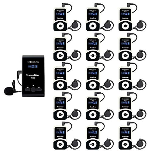 Case of 1 Transmitter 15 Receivers, Retekess T130, Wireless Tour Guide System Headsets, 99 Channels, Church Translation System for Training, Teaching, Factory, Museum, Social Distancing