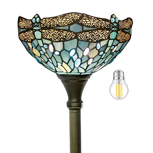 WERFACTORY Tiffany Floor Lamp Sea Blue Stained Glass Dragonfly Light 12X12X66 Inches Pole Torchiere Standing Corner Torch Uplight Decor Bedroom Living Room Home Office S147 Series