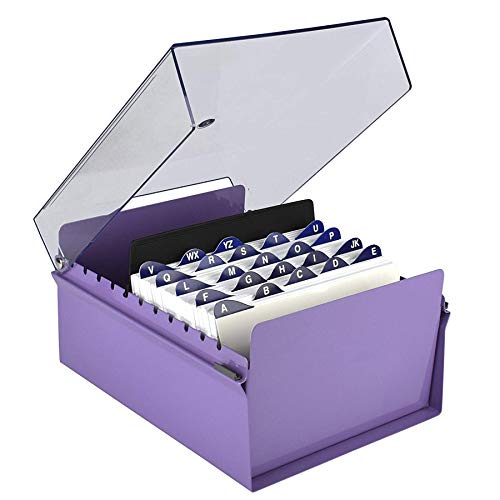 Acrimet 5 X 8 Card File Holder Organizer Metal Base Heavy Duty (AZ Index Cards and Divider Included) (Purple Color with Clear Crystal Plastic Lid Cover)