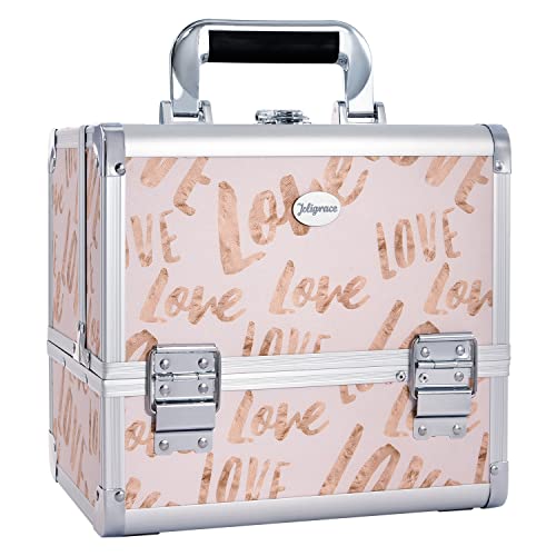 Joligrace Makeup Train Case Makeup Box Organizer Lockable with 3 Trays Portable Cosmetic Storage Case with Brush Holder & Mirror, Makeup Artist Travel Case Craft Case for Make-up or Nail Supplies