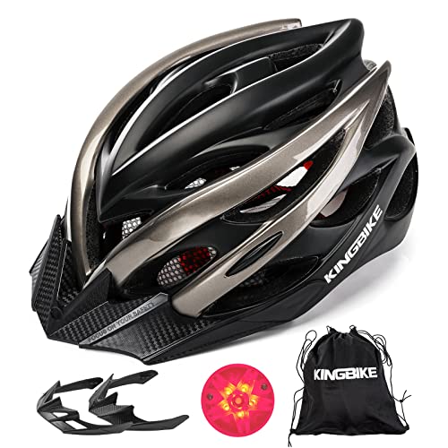 KINGBIKE Bike Helmet Bike Helmets for Men Adults Bicycle Cycling Road Helmet Casco para Bicicleta with Safety Light Portable Bag Accessories(Black Titanium L XL)