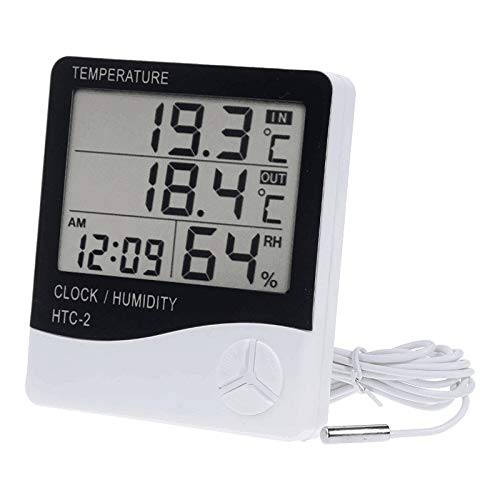 YCDC Digital LCD Temperature Humidity Hygrometer 1.5m Probe Cord, HTC-2 Big Display, More Accurate, Greenhouse Room Indoor Thermometer Monitor,Clock Beep, Fish Tank Temperature Controlling