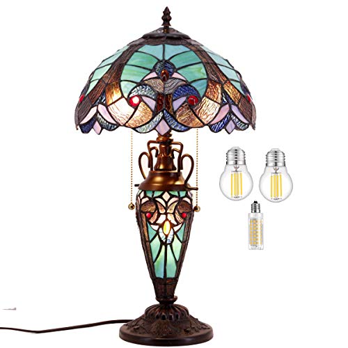 WERFACTORY Tiffany Style Table Lamp Green Stained Glass Liaison Lamp 12X12X22 Inches Mother-Daughter Vase Desk Reading Light Decor Bedroom Living Room Home Office S160G Series