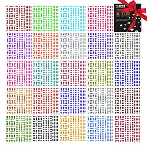 Rhinestone Stickers 4125 PCS, Nicpro Self Adhesive Face Gems Stick on Body Jewels Crystal in 3 Size 25 Colors,25 Embellishments Sheet for Decorations Crafts Nail Makeup