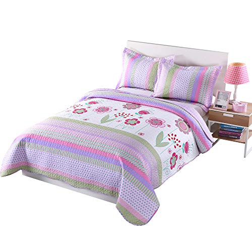 MarCielo 3 Piece Kids Bedspread Quilts Set Throw Blanket for Teens Girls Bed Printed Bedding Coverlet, Full Size, Purple Floral Striped (Full)