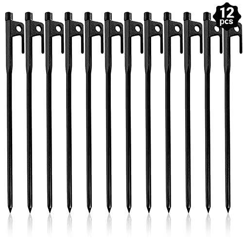 12 Pack Tent Stakes Heavy Duty, Metal Tent Stakes Lightweight, Black Camping Stakes, Steel Tent Spikes, Canopy Stakes, Tent Pegs for Car Camping, Yard Decoration, Tarp, Shade Tent, Inflatables, Picnic