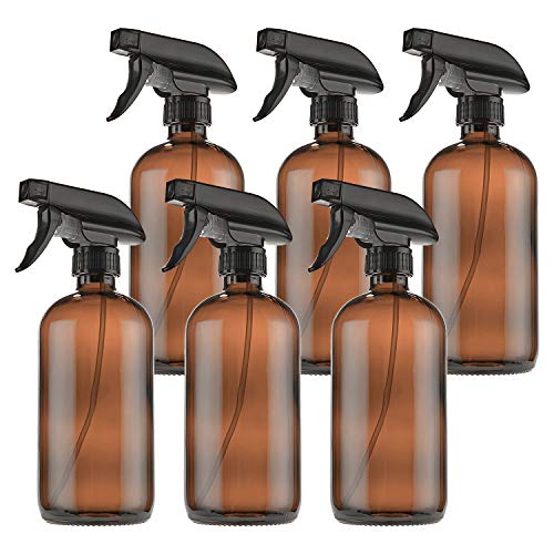 THETIS Homes Empty Amber Glass Spray Bottles with Labels (6 Pack) – 16oz Refillable Container for Essential Oils, Cleaning Products (6 pack)