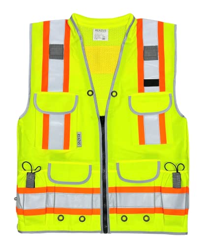 REXZUS A Reflective Safety Vest Class 2 Heavy Woven Two Tone Engineer Hi Viz Safety Vest 3M Tape (Yellow, Large)