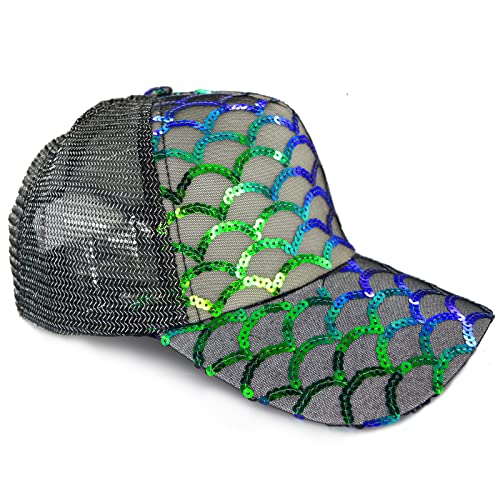 Maticr Unisex Bling Mermaid Scales Sequin Trucker Hats Adjustable Mesh Caps Baseball Party Hat (Black)