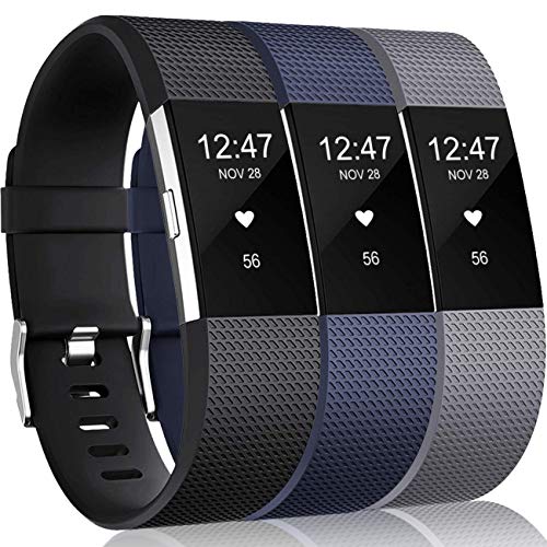 Wepro Bands Replacement Compatible with Fitbit Charge 2 for Women Men Large, 3 Pack Sports Watch Band Strap Wristband Compatible with Fitbit Charge2 HR Fitness Tracker, Black/Gray/Navy Blue