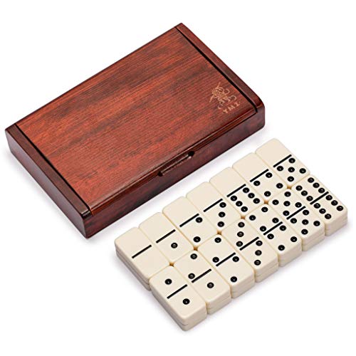 Yellow Mountain Imports 28 Tiles Double 6 Dominoes (Pips/Dots) Game Set – Jumbo Tournament Size Dominos with Dark Oak Wood Case