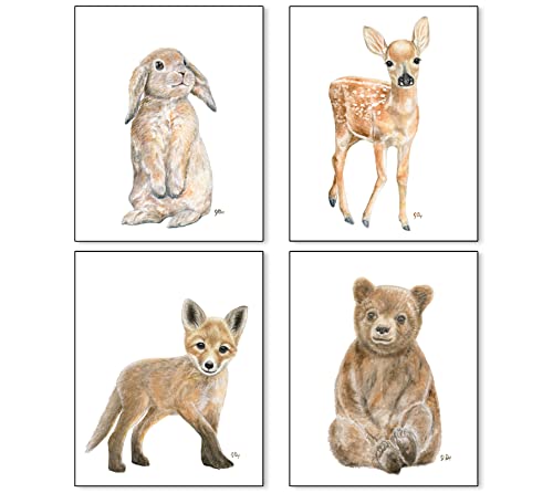 Woodland Animal Nursery Prints Unframed Set of 4, Pick Your Baby Animals and Print Size, Original Watercolor Art Signed By Artist