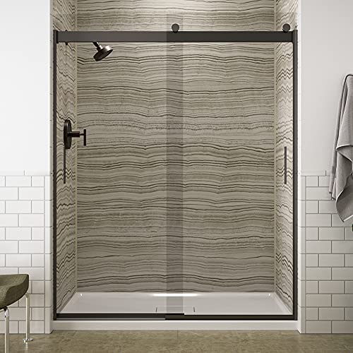 KOHLER Levity® Sliding Shower Door, 74-in H X 56-5/8 – 59-5/8-in W, with 1/4-in Thick Crystal Clear Glass with vertical blade handles, Anodized Dark Bronze