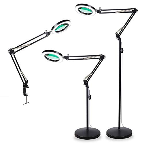 TOMSOO 3-in-1 Magnifying Glass Floor Lamp with Clamp, White/Warm White Lighted Magnifier Lens – Adjustable Stand & Swivel Arm – Full Spectrum LED Light for Reading, Crafts, Professional Tasks (Black)