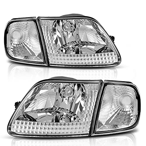 AUTOSAVER88 Headlight Assembly Compatible with 97-03 Ford F-150/97-02 Ford Expedition Pickup Headlamp Replacement Chrome Housing Clear Lens