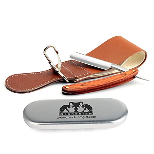 Grandslam Pro Natural Wooden Handle 420 Stainless Steel Straight Razor with Premium Leather Strop,Straight Razor Shaving Kit for Men,2 Layers Leather Canvas Strop Sharpening Strop