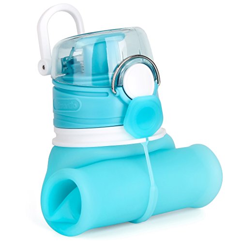 Valourgo Collapsible Water Bottle, Silicone Foldable with Leak Proof Valve BPA Free, Aqua Blue, 21 oz