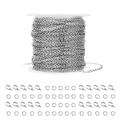 WXJ13 36 Feet Silver Stainless Steel Link Cable Chain with 20 Lobster Clasps and 30 Jump Rings for Men Women Jewelry Chain DIY Making, 2.0mm