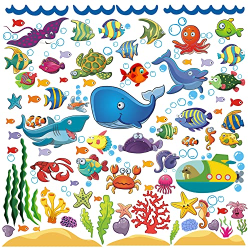 122 Pcs Under The Sea Fish Wall Decals for Kids and Toddlers’ Bathroom and Nursery, Easy Peel and Stick Stickers with Turtles, Dophins, Corals, and More, Removable Ocean Themed Décor