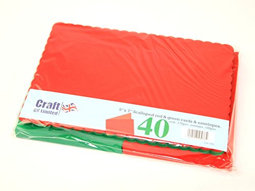 Craft UK Limited Rectangle Scalloped Edge Blank Cards & Envelopes Red & Green – per Pack of 40