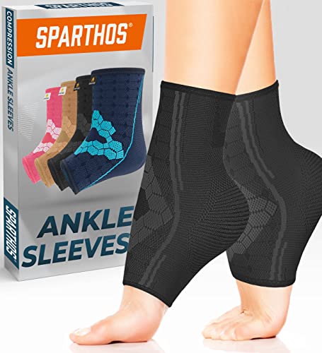 Sparthos Ankle Compression Sleeve (Pair) – Plantar Fasciitis Brace with Arch Support – Foot Ankle Socks for Men and Women – Increase Blood Circulation, Reduce Swelling & Heel Spurs (Black-M)
