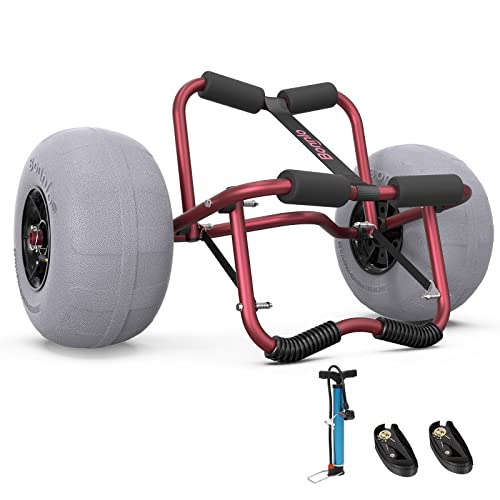 Bonnlo Kayak Cart Trolley Canoe Paddle Board Boat Cart Carrier Dolly with 12″ Big Beach Wheels Balloon Kayak Transport Wheels Cart Foldable, Free Pump, 2 Ratchet Straps- Perfect for Soft Sand (Red)