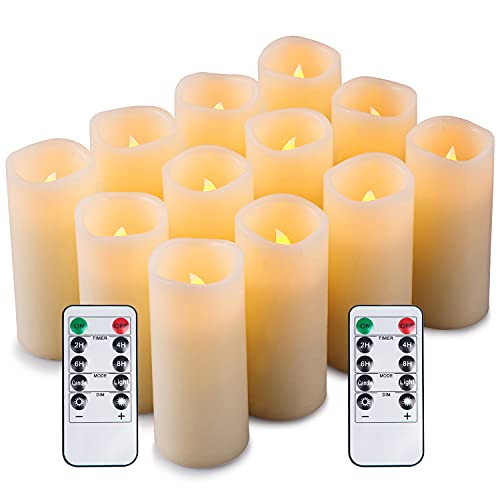 Enpornk Set of 12 Flameless Candles Battery Operated LED Pillar Real Wax Electric Unscented Candles with Remote Control Cycling 24 Hours Timer, Ivory Color (No Moving Wick)