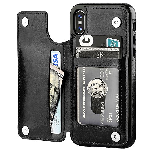 iPhone Xs iPhone X Wallet Case with Card Holder,OT ONETOP Premium PU Leather Kickstand Card Slots Case,Double Magnetic Clasp and Durable Shockproof Cover(Black)