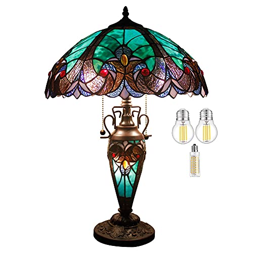 WERFACTORY Tiffany Style Table Lamp Green Stained Glass Liaison Mother-Daughter Vase Lamp 16X16X24 Inches Desk Reading Light Decor Bedroom Living Room Home Office S160G Series