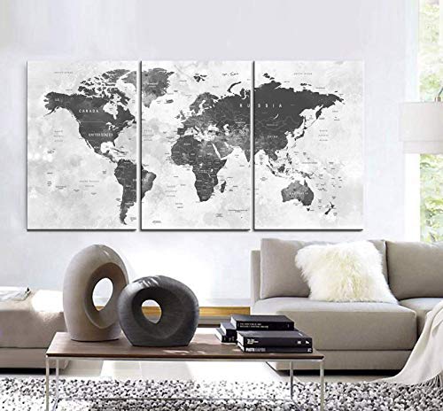 Original by BoxColors Large 30″x 60″ 3 Panels 30×20 Ea Art Canvas Print world Map watercolor push pin gray Wall decor Home interior (Included framed 1.5″ depth)