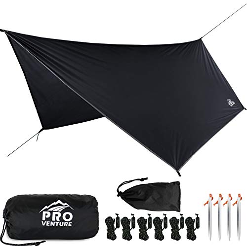 Pro Venture Waterproof Hammock Rain Fly [12ft x 9ft] – Portable Large Camping Tarp – Premium Lightweight Ripstop Nylon Cover – Fast Set Up + Accessories – A Camping Gear Essential! 12×9 ft HEX Shape