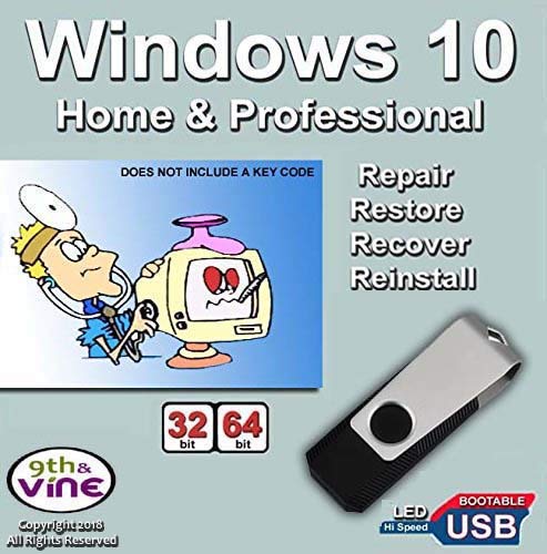 9th & Vine USB Flash Drive Compatible With Windows 10 Home & Professional 32/64 bit. Install, Repair, Restore & Recovery USB Drive For Legacy Bios