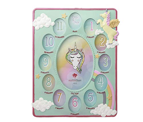 Mozlly Mint Green Unicorn Baby First Year Collage Photo Frame Standard 4 X 6 Inch Photo at The Center Nursery Room Decor Mythical Fantasy Creature Picture Frame for Baby Girls from Birth to 1 Year